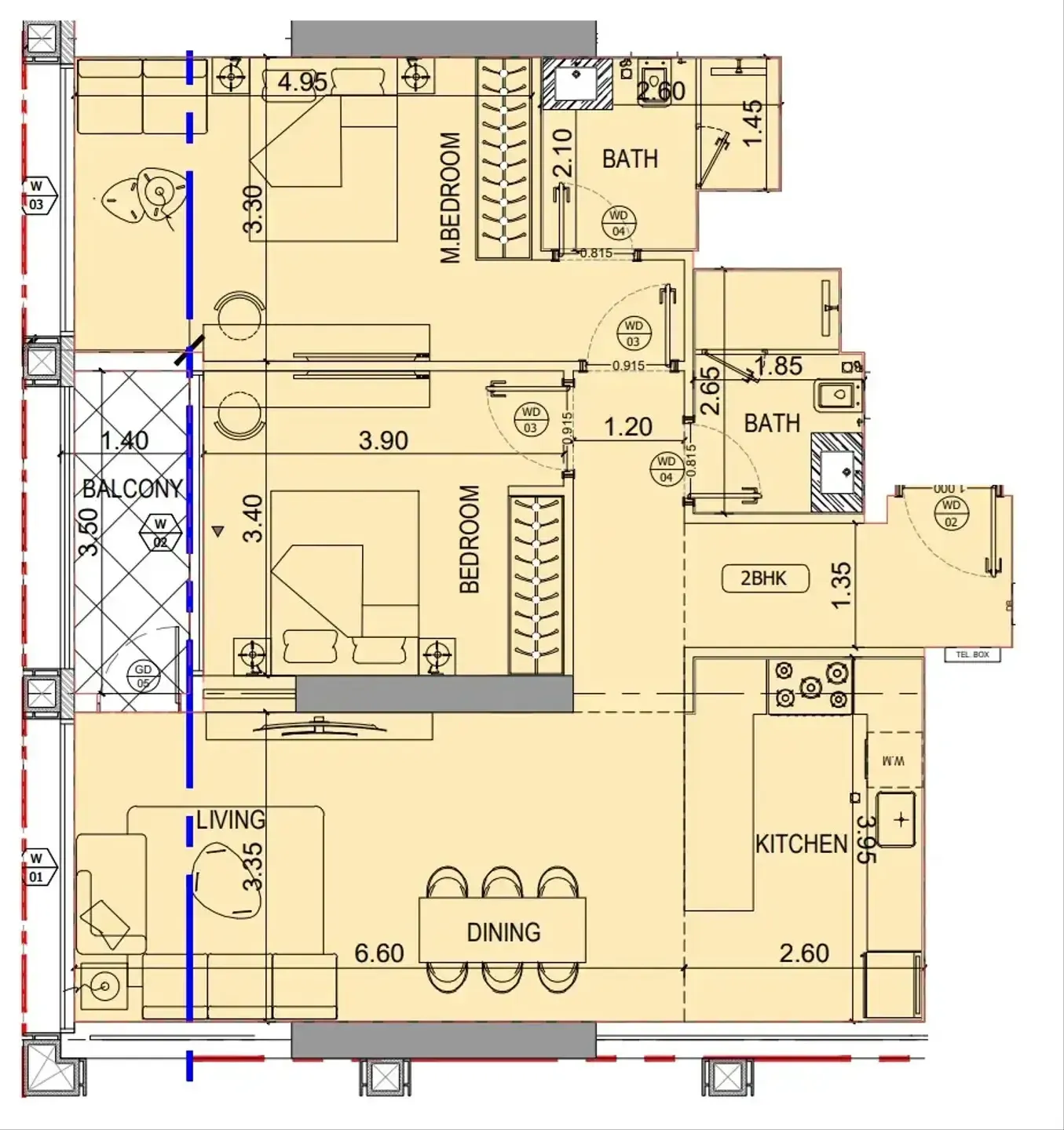 Binghatti Starfall 2 bed floor plan, 1,045 – 1,046 sqft