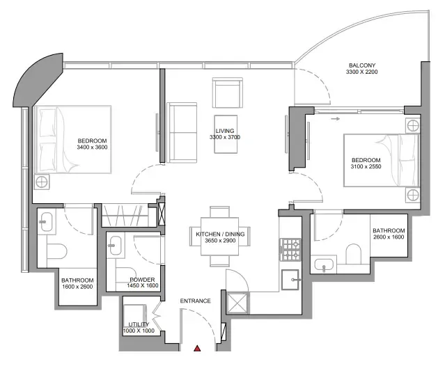 Sobha Aquamont 2 bed floor plan, 777 sqft