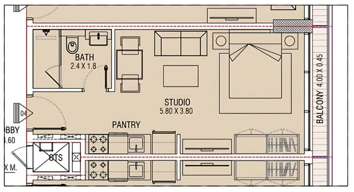 Brand Centro Studio floor plan, 383 sqft