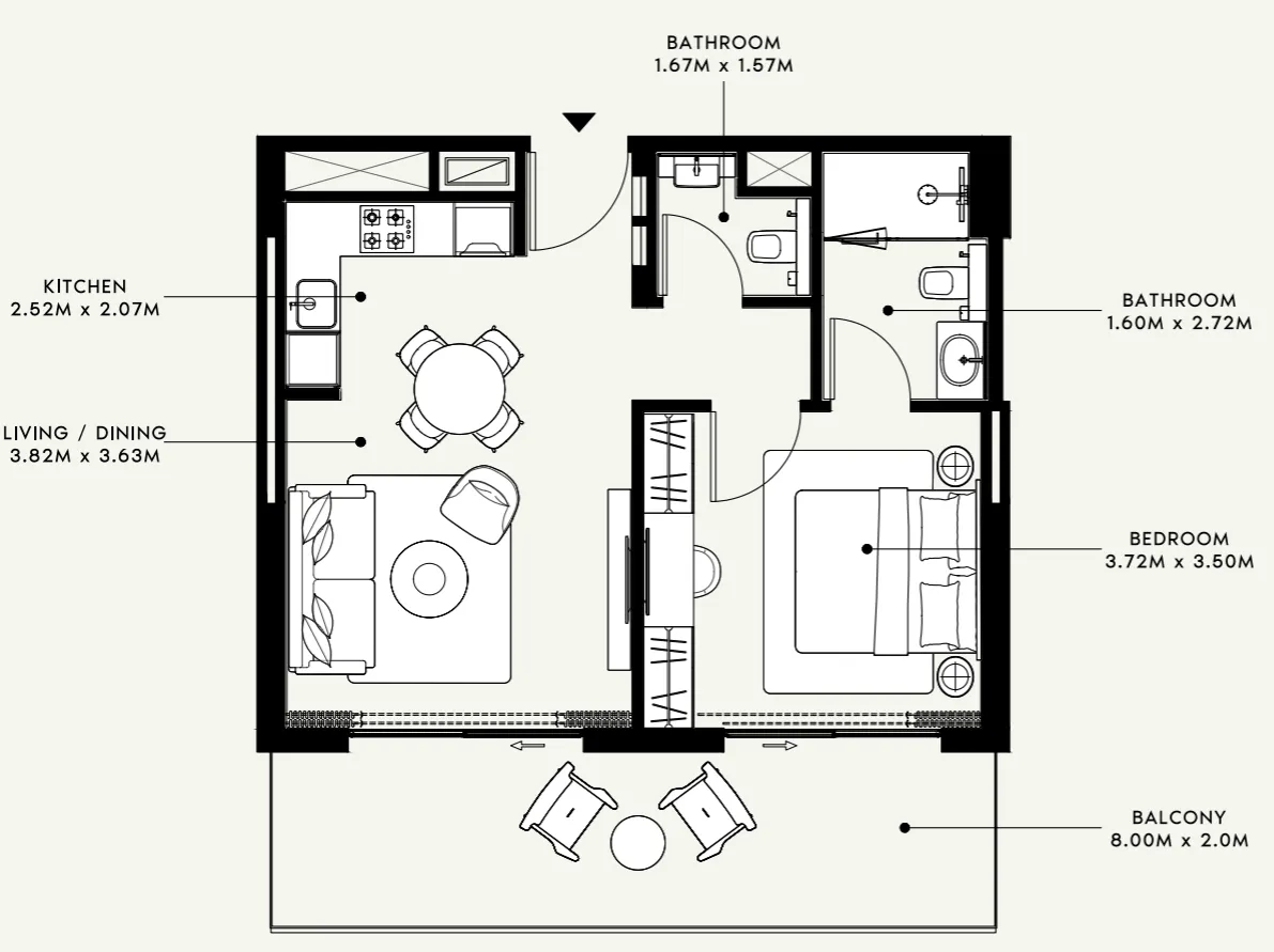 Azizi Venice 1 bed floor plan, 724 sqft