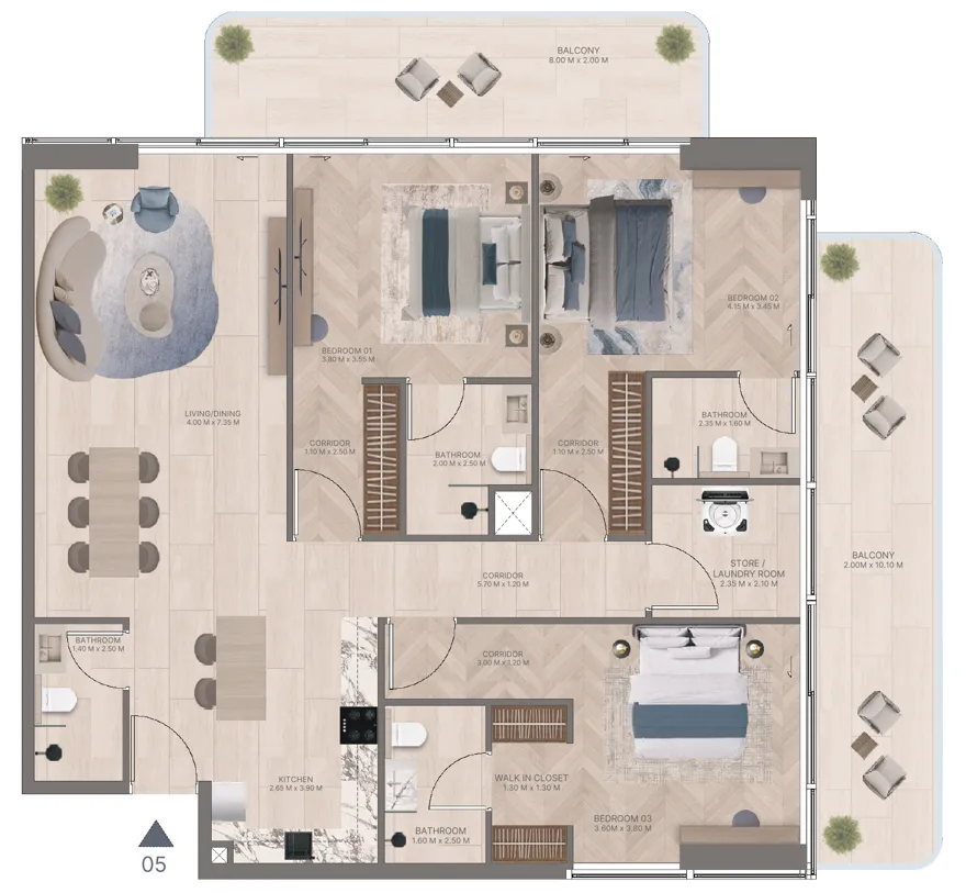 Meriden Beach Residences 3 bed floor plan, 1,883 sqft