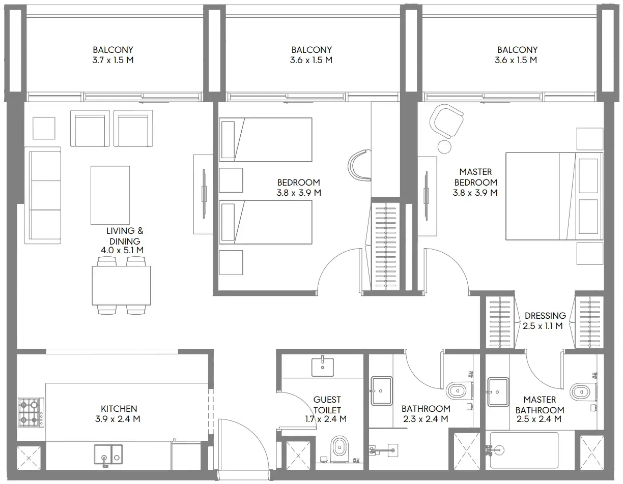 Jenna 1 2 bed floor plan, 1,198 sqft
