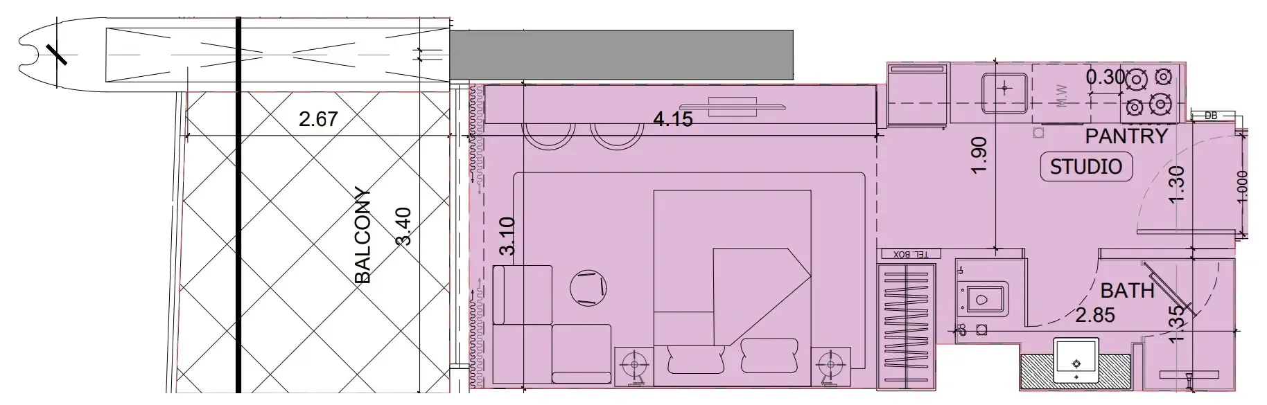 Project Maybach Studio floor plan, 390 sqft