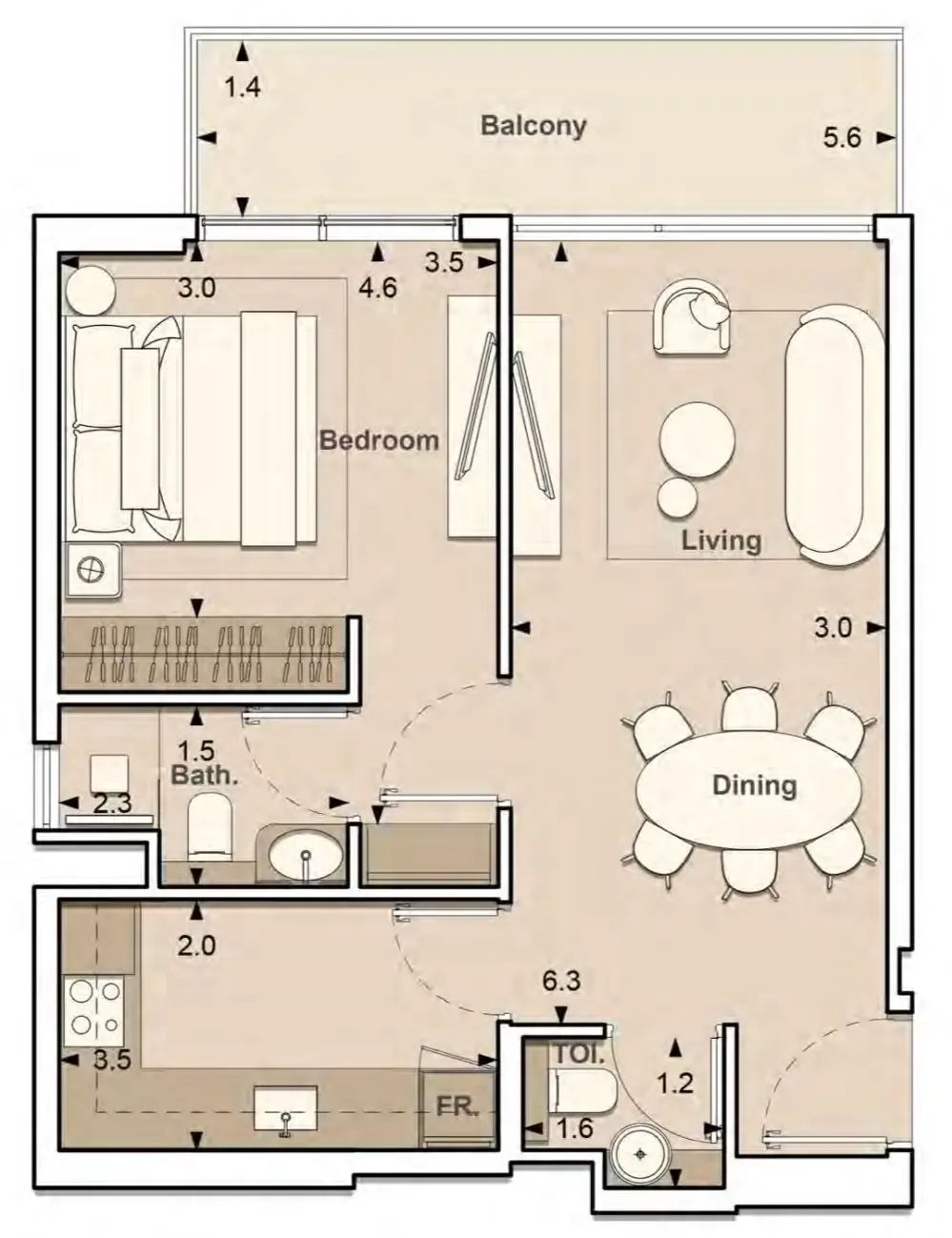 Lume Residences 1 bed floor plan, 640 sqft