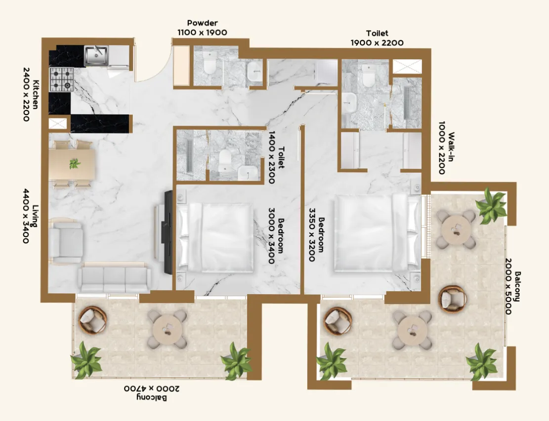 RR Residence 2 bed floor plan, 1,151 sqft