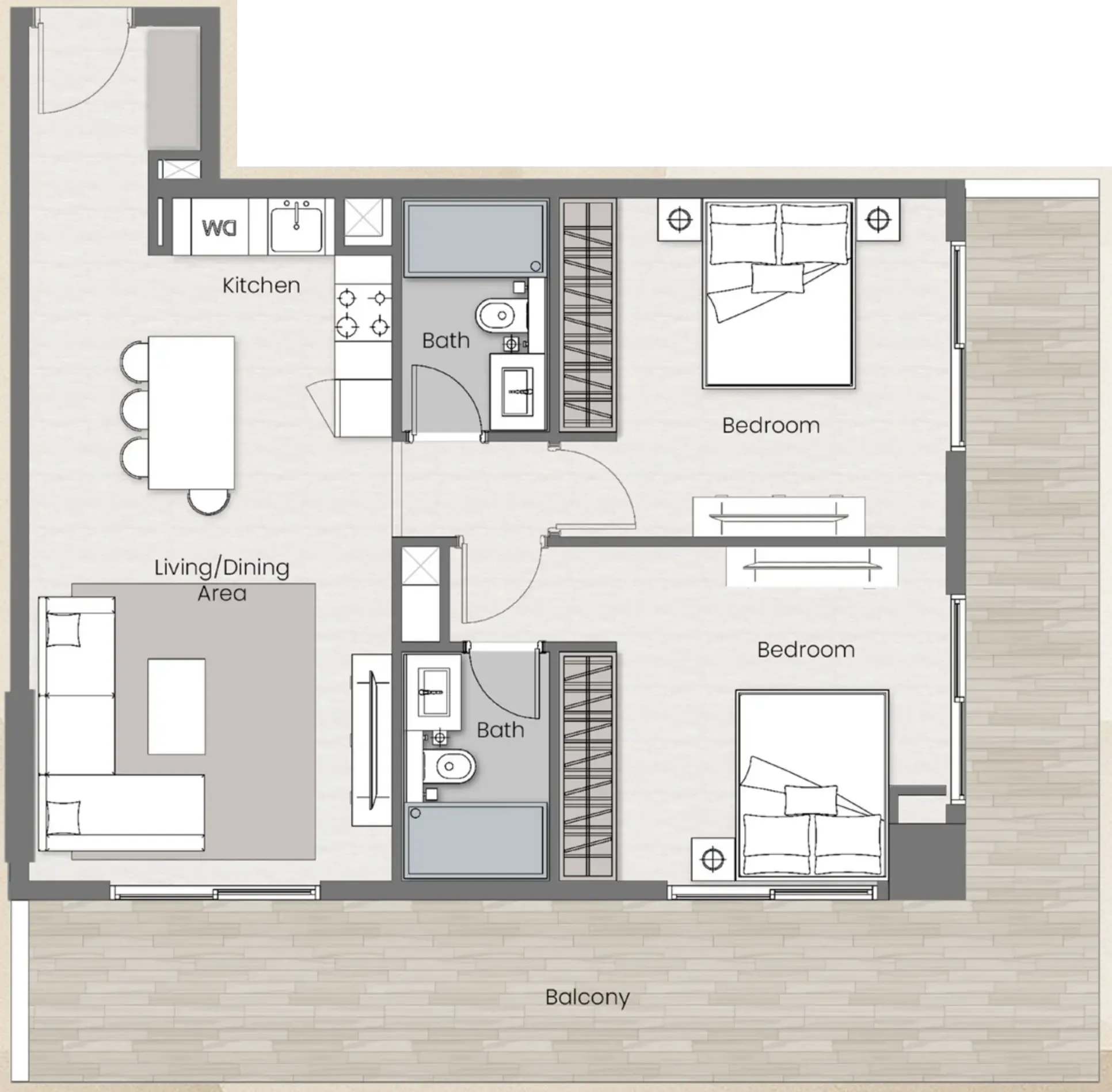 Beverly Park 2 bed floor plan, 1,070 – 1,169 sqft