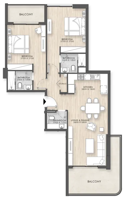 Capital Horizon Terraces 2 bed floor plan, 1,272 – 1,273 sqft