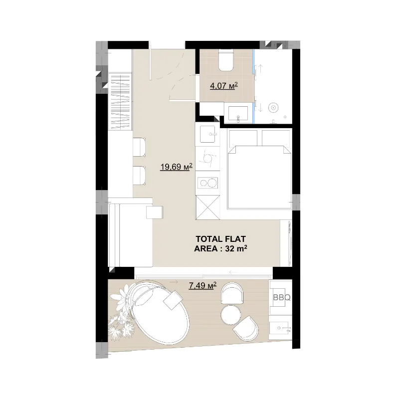Buddha Club House Studio floor plan, 344 sqft