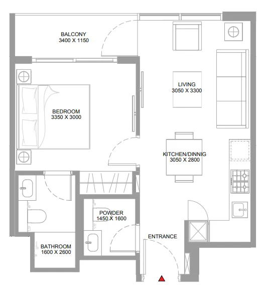 Pristine Beach Residences 1 bed floor plan, 514 sqft