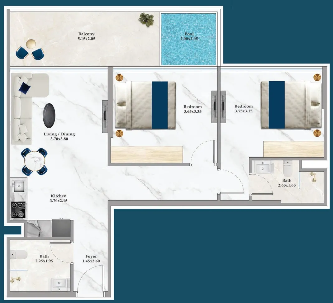 Timez 2 bed floor plan, 854 sqft