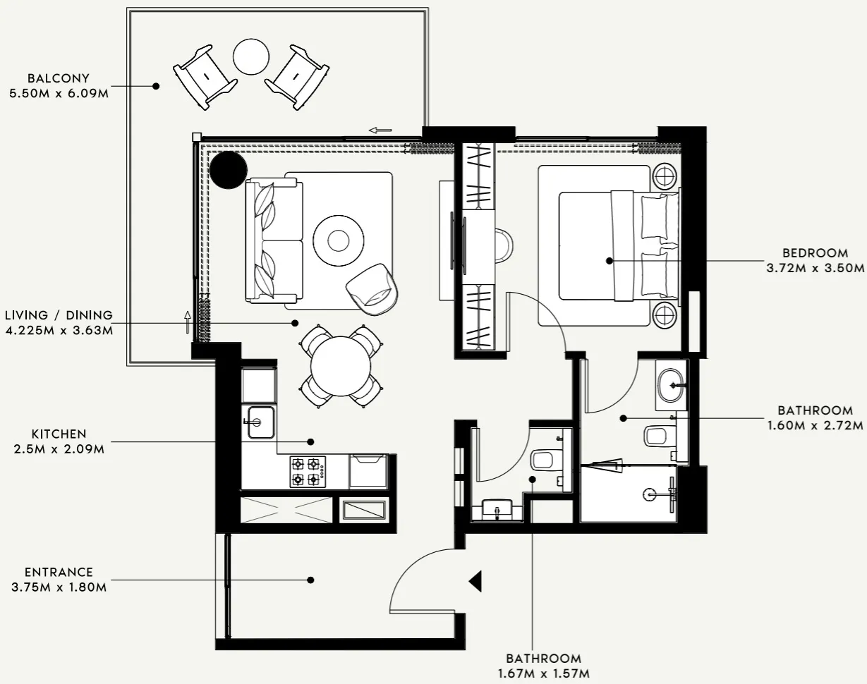 Azizi Venice 1 bed floor plan, 794 sqft