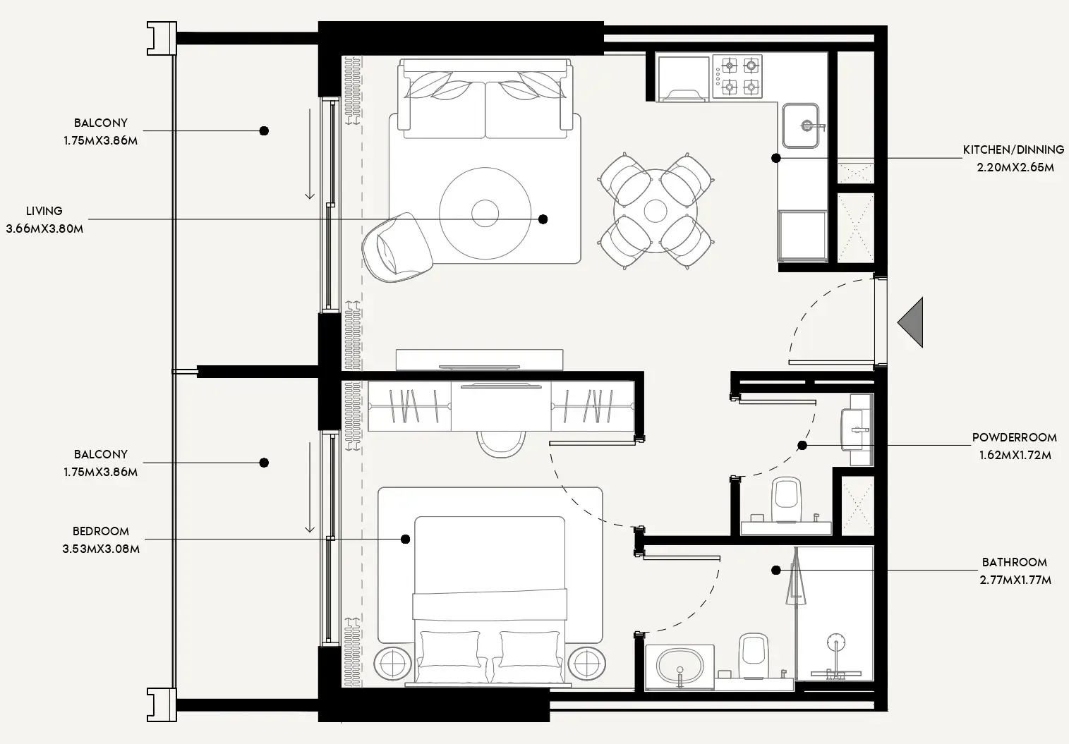 Azizi Venice 1 bed floor plan, 708 sqft