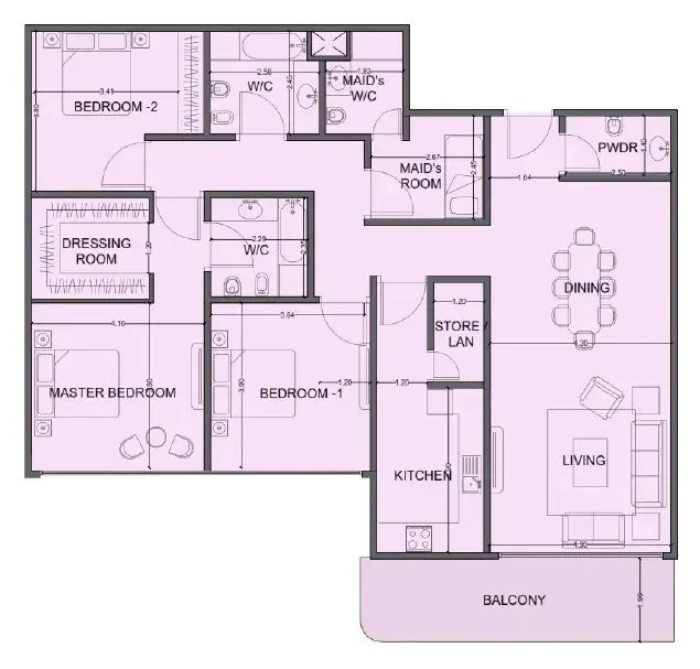 One Residence Al Reem Island 3 bed floor plan, 1,910 sqft