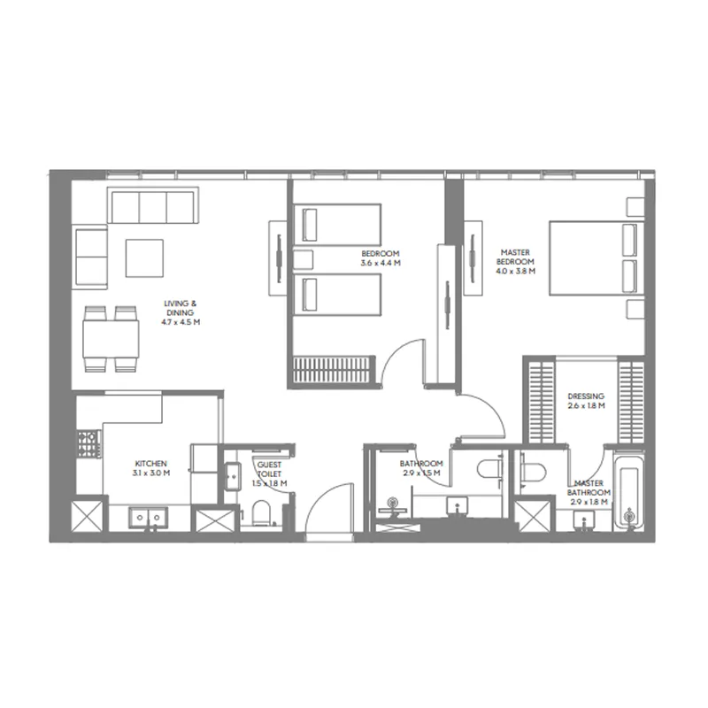 The Gate 6 2 bed floor plan, 1,069 sqft