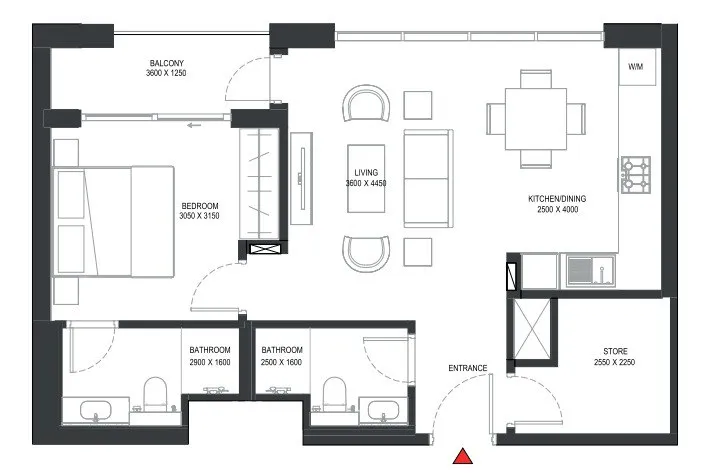 Sobha One 1 bed floor plan, 726 – 728 sqft
