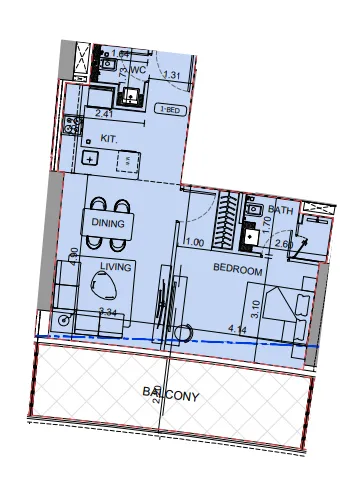 Binghatti Aquarise 1 bed floor plan, 811 sqft