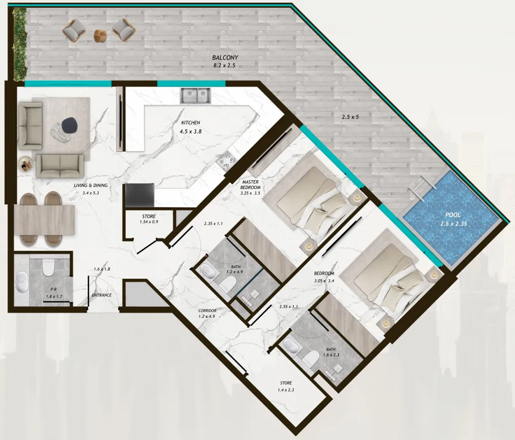 Samana Parkville 2 bed floor plan, 1,539 sqft