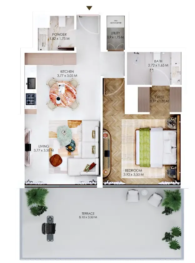 Rabdan Square 1 bed floor plan, 742 – 989 sqft