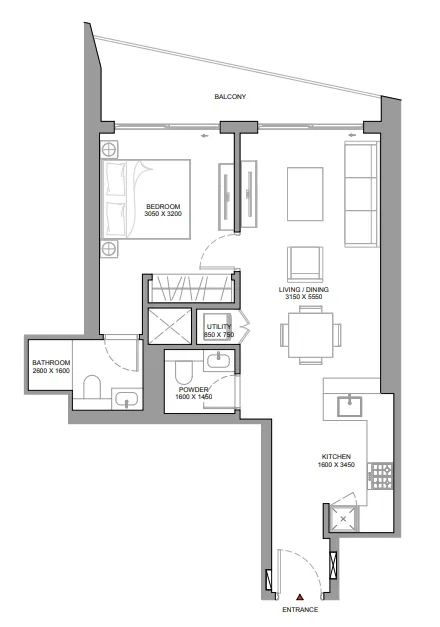 The Eden at Sobha Central 1 bed floor plan, 744 sqft