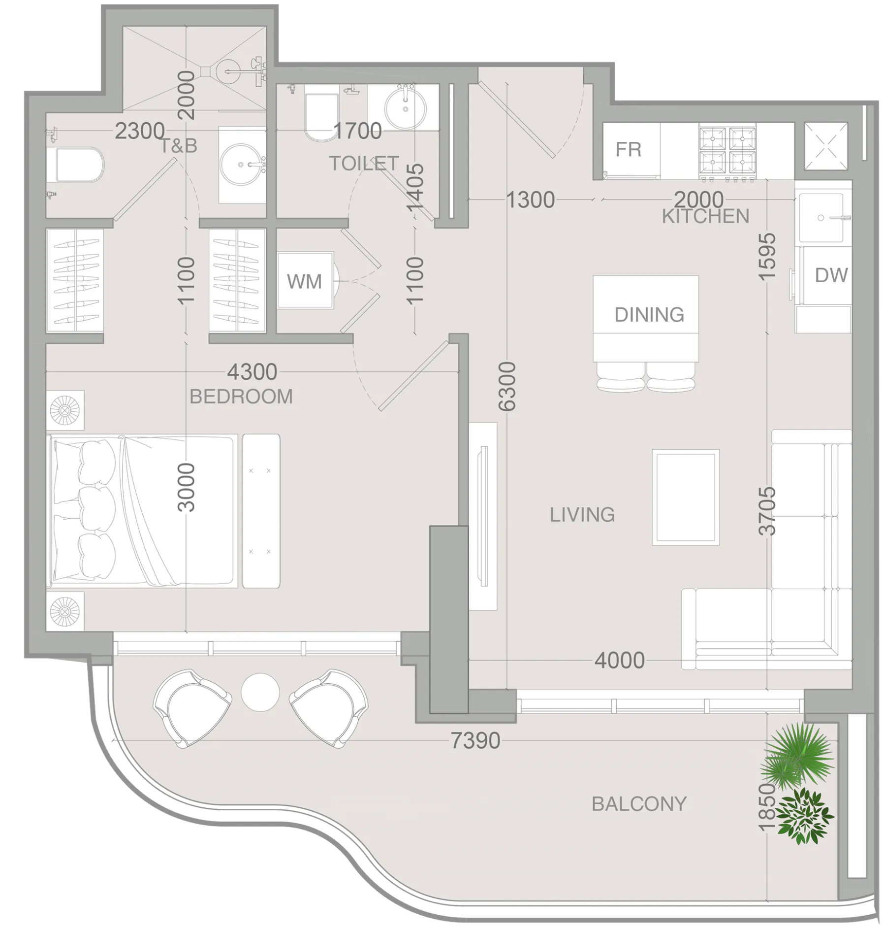 ALTA V1EW 1 bed floor plan, 728 sqft