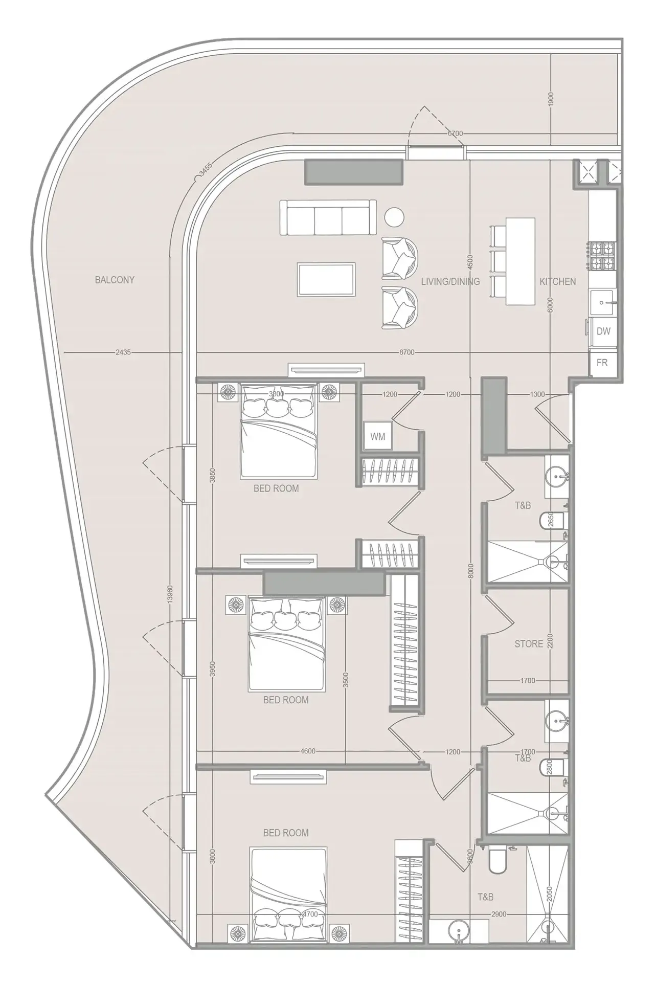 A1LA Residence 3 bed floor plan, 2,051 sqft