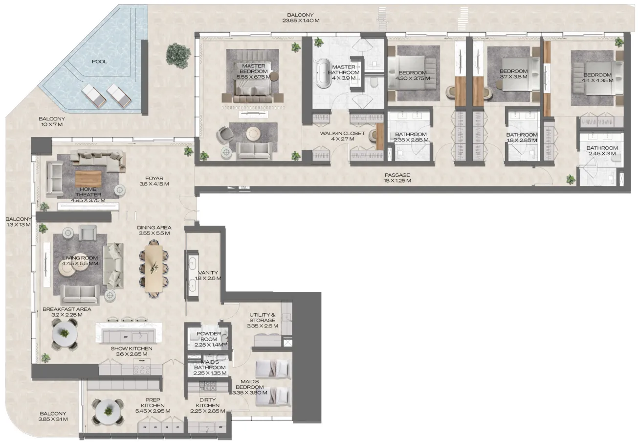 DWTN Residences 4 bed floor plan, 5,286 sqft