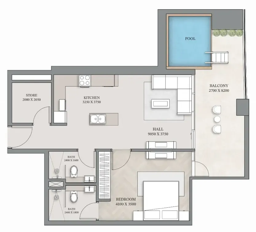 Empire Gardens 1 bed floor plan, 962 sqft