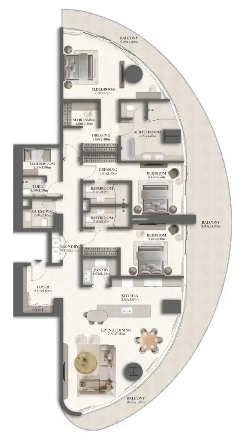 Jumeirah Residences at Al Maryah Island 3 bed floor plan, 3,008 sqft