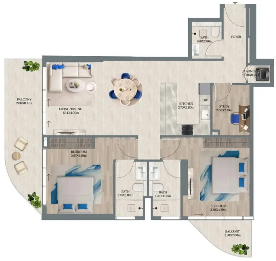 Maravea Residences 2 bed floor plan, 1,347 sqft