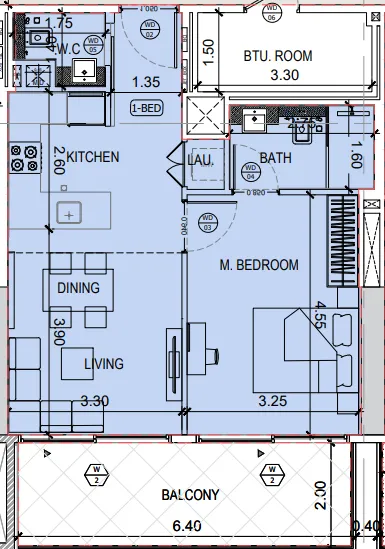 Binghatti Amberhall 1 bed floor plan, 685 sqft