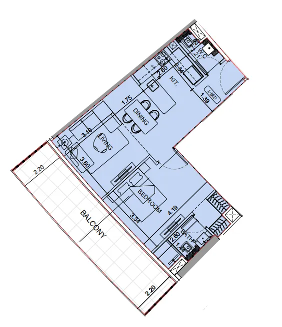 Binghatti Aquarise 1 bed floor plan, 832 sqft