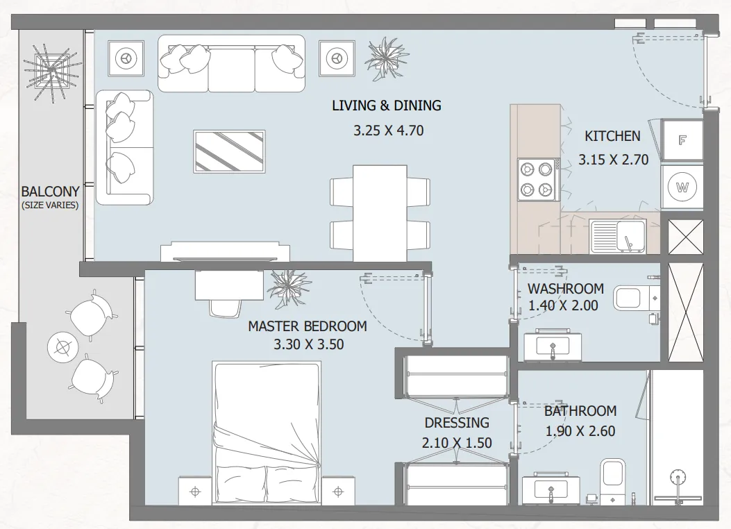 Verdana Residence 2 1 bed floor plan, 675 – 680 sqft