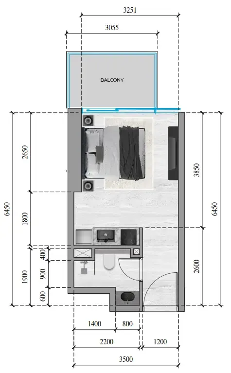 SkyGate Tower Studio floor plan, 308 sqft