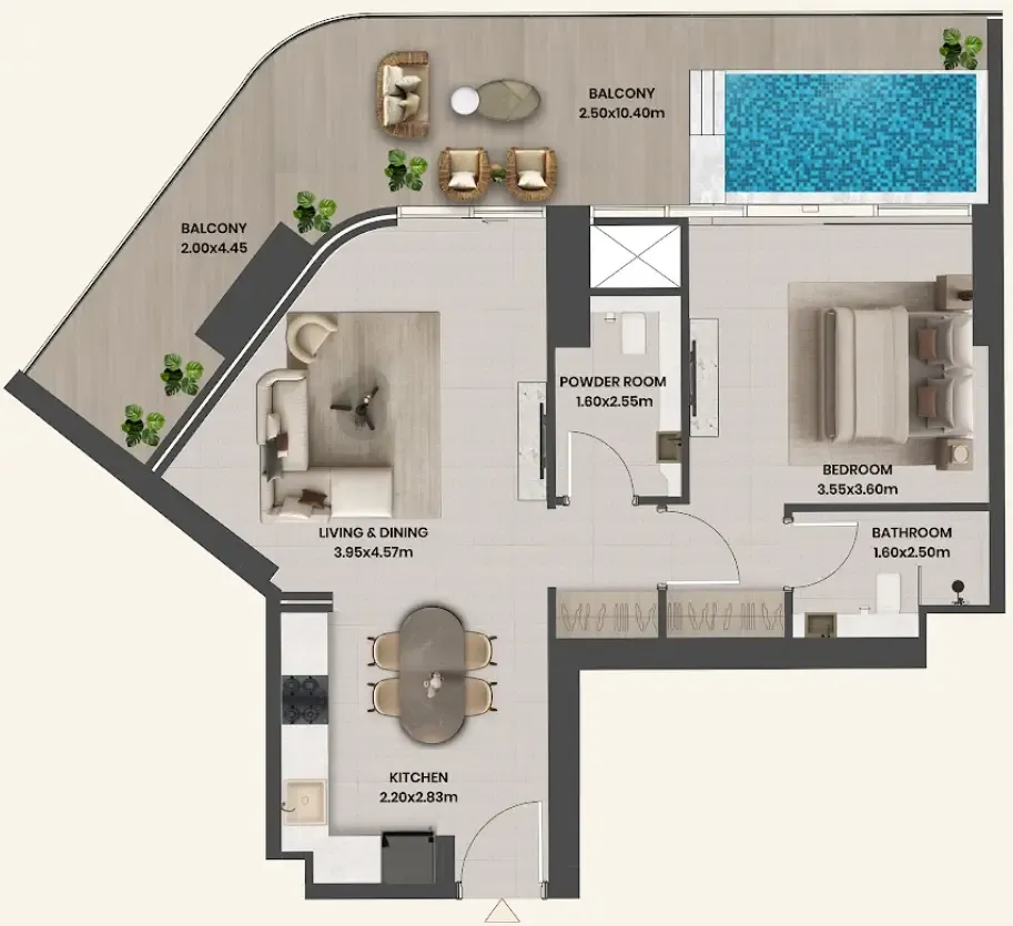 Divine Al Barari 1 bed floor plan, 1,020 sqft