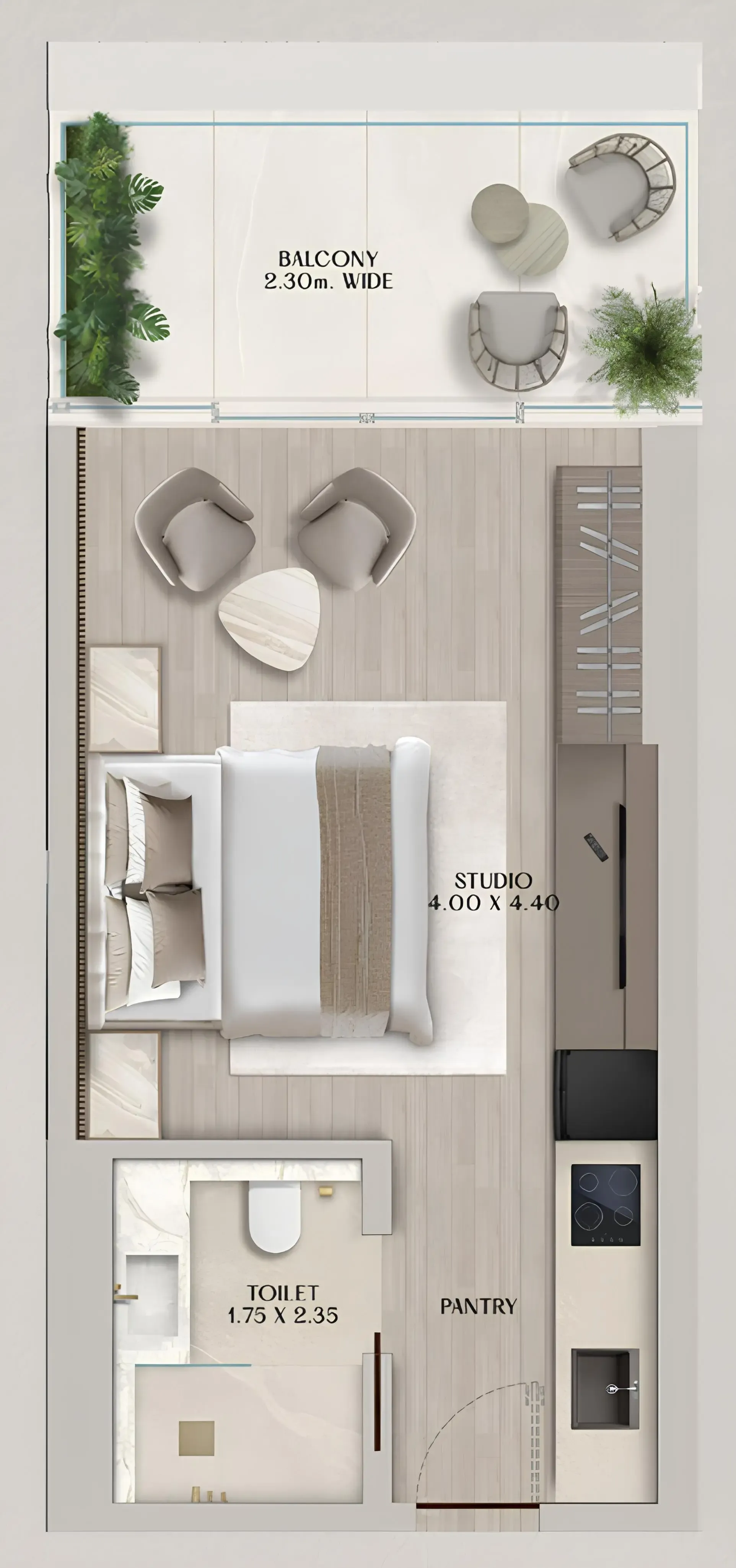 Soléva Beach Residences Studio floor plan, 425 sqft