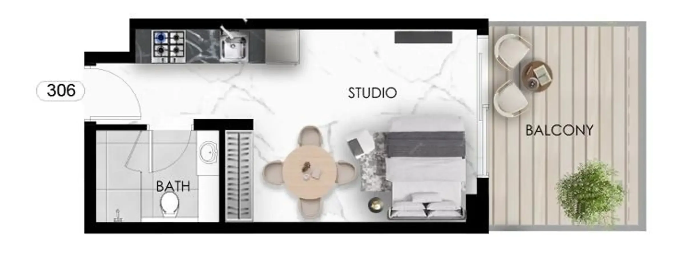 The Eighty Three Studio floor plan, 382 sqft