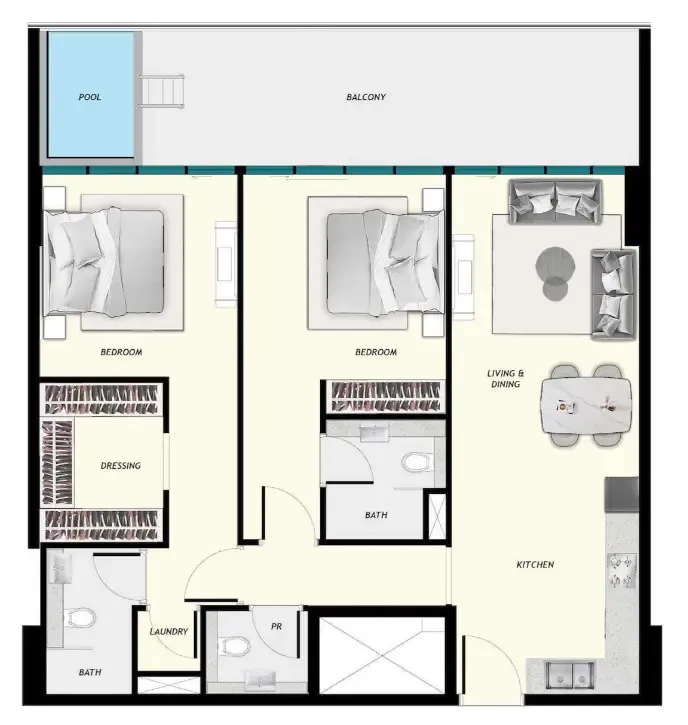 Samana Ibiza 2 bed floor plan, 1,308 sqft