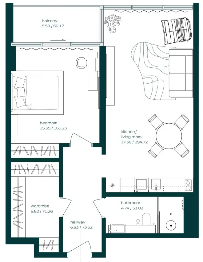 Vibe 1 bed floor plan, 807 sqft