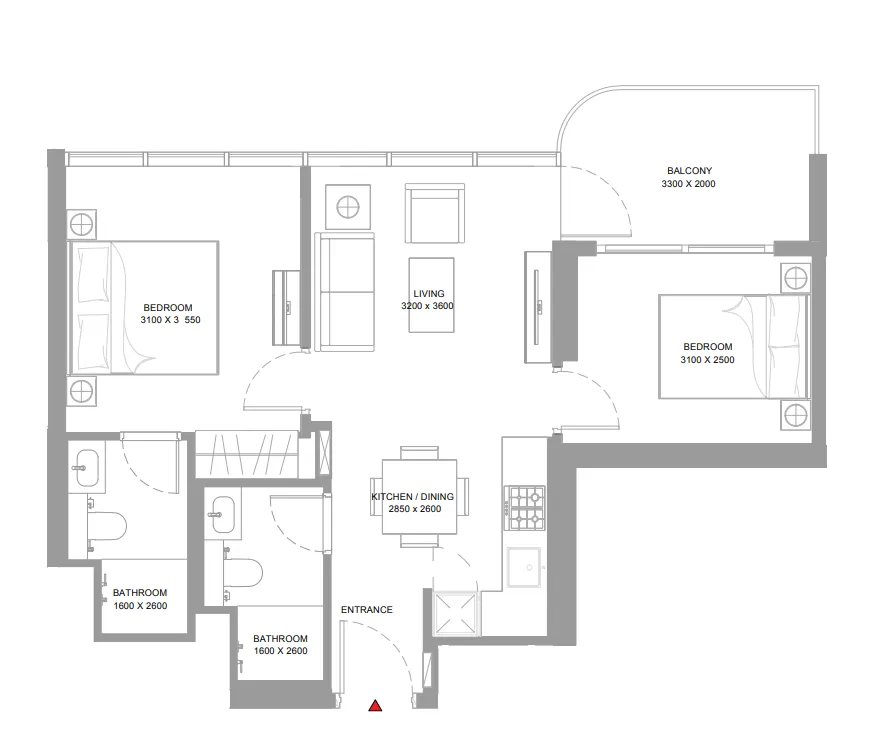 Bayside Marina Residences 2 bed floor plan, 686 sqft