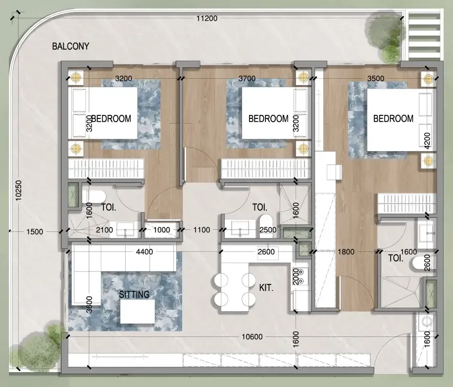 Oasis Residences 3 bed floor plan, 1,332 – 1,783 sqft