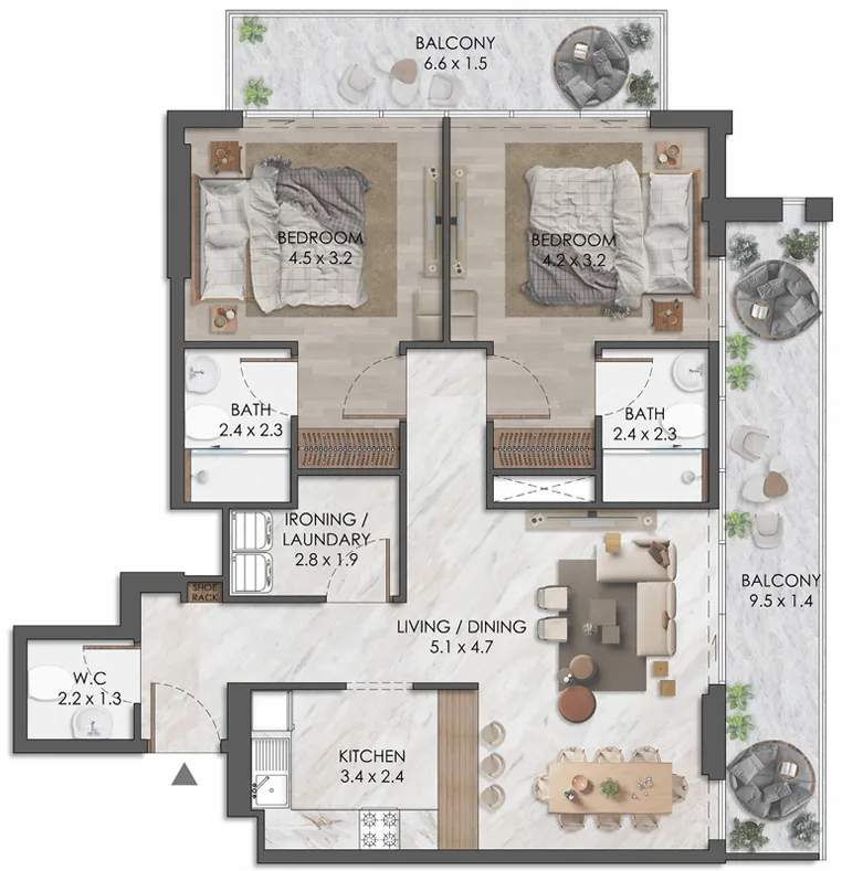 Almaara Residences 2 bed floor plan, 1,240 sqft