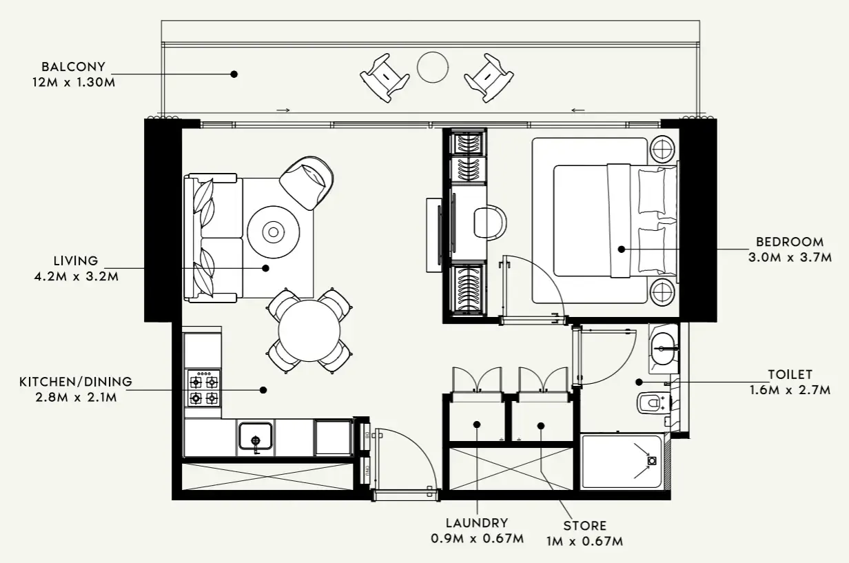 Azizi Milan 1 bed floor plan, 665 sqft
