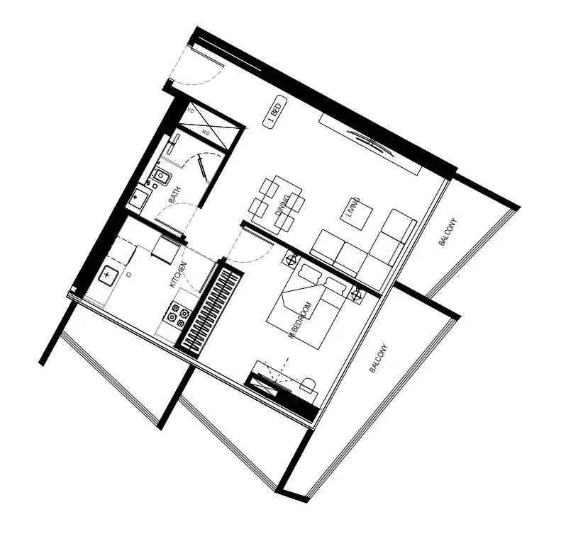 Binghatti HillCrest 1 bed floor plan, 968 – 1,000 sqft