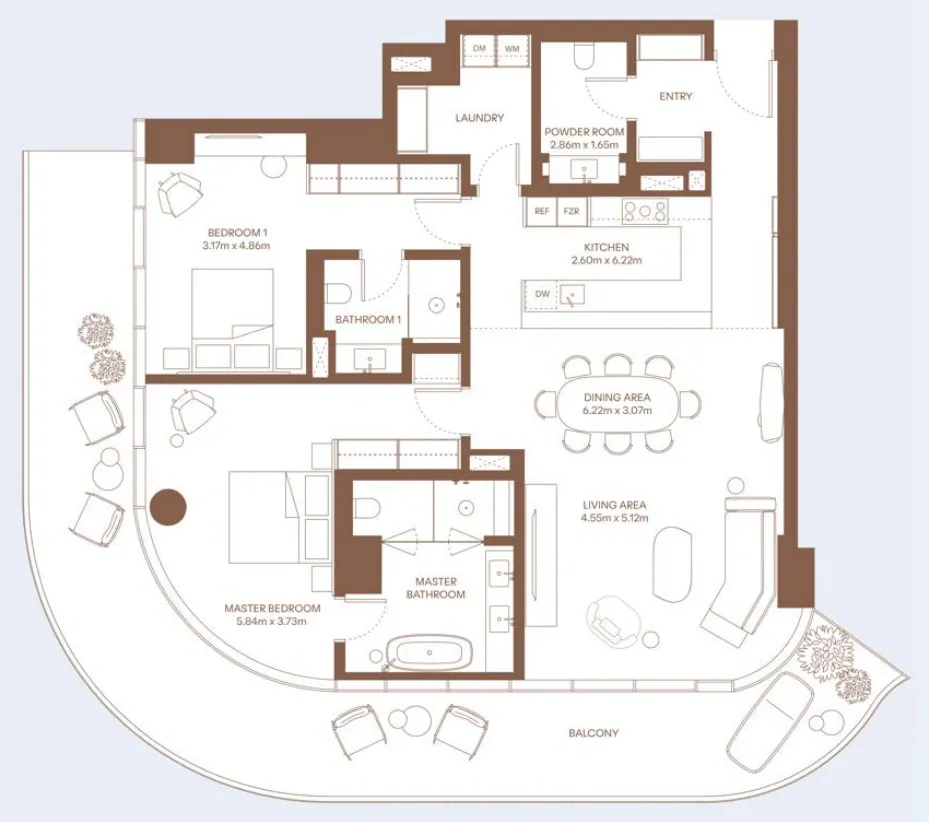 Dubai Harbour Residence 2 bed floor plan, 2,203 sqft