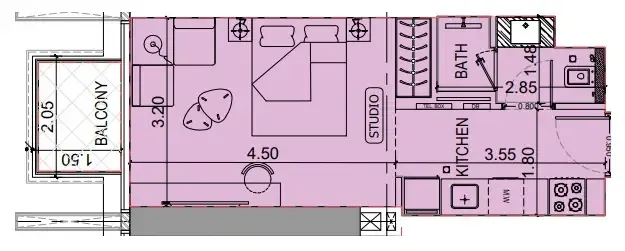 Binghatti Luxuria Studio floor plan, 338 sqft