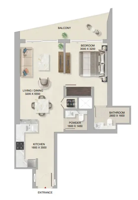 The Tranquil at Sobha Central 1 bed floor plan, 743 sqft