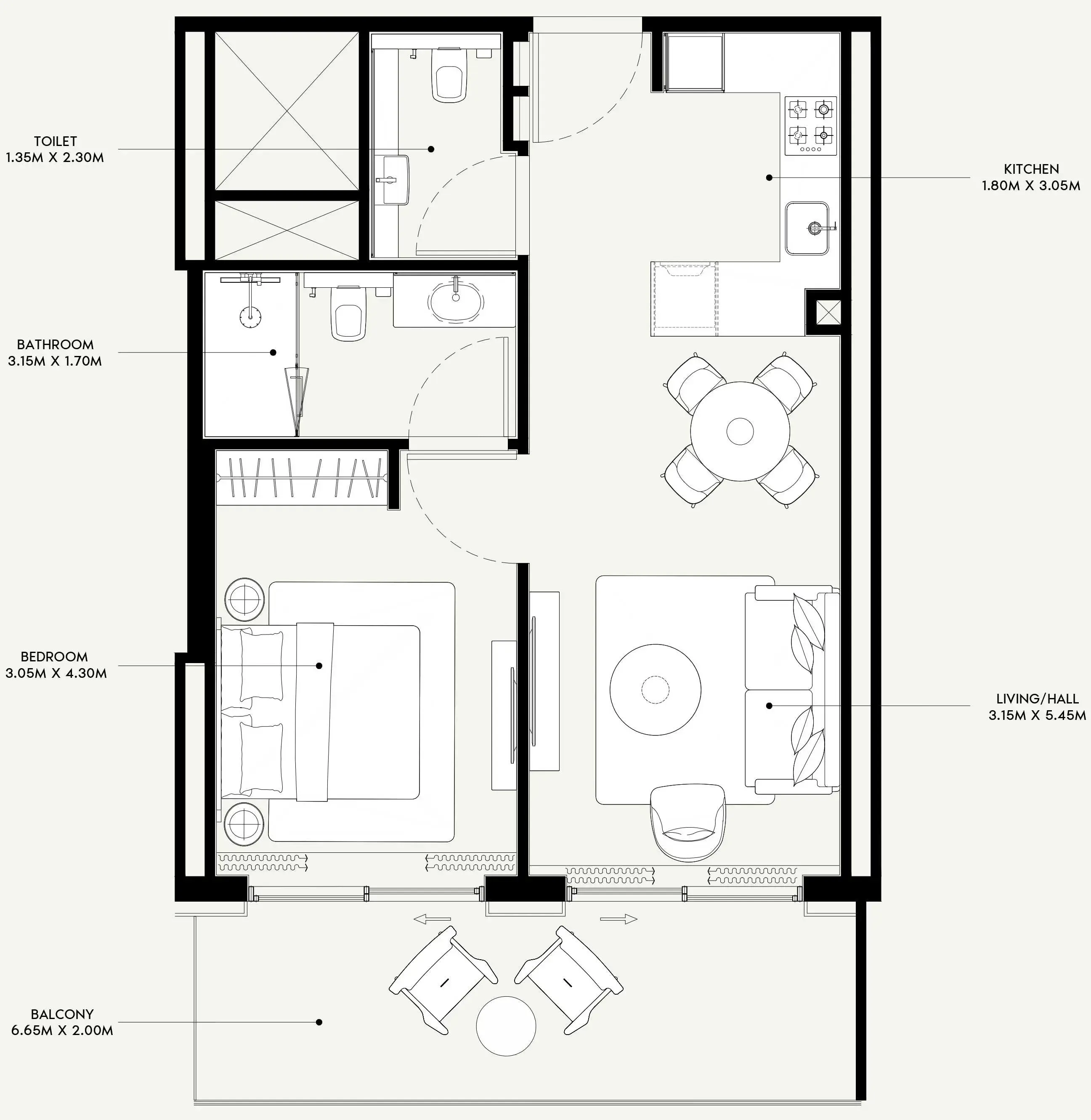Azizi Venice 1 bed floor plan, 736 sqft