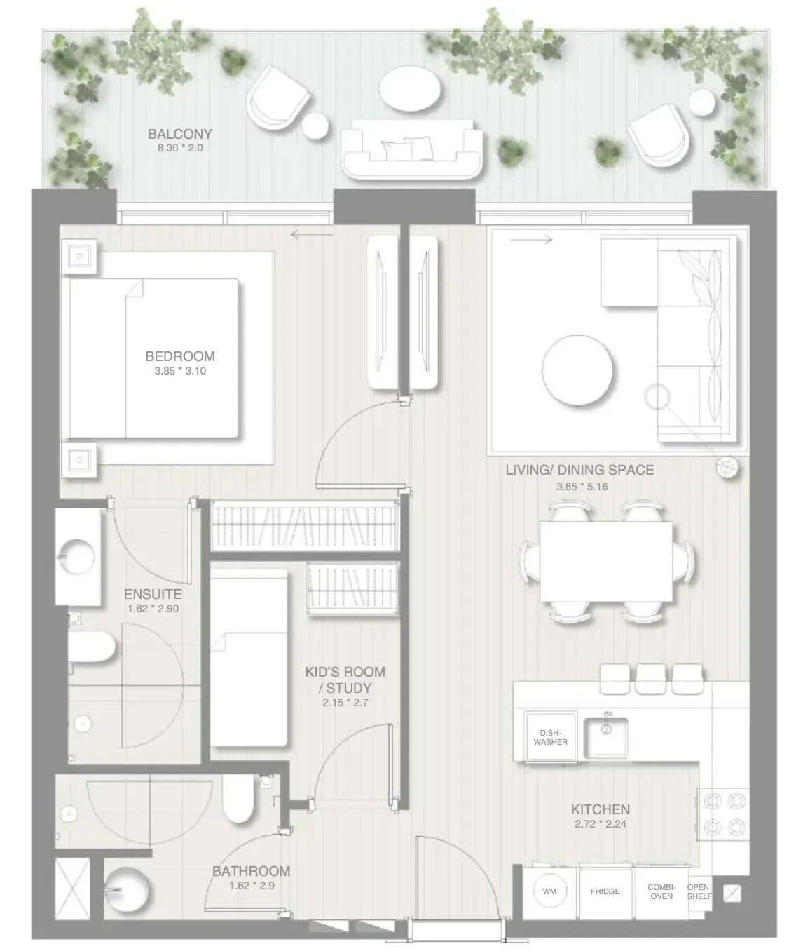 Sol Levante 1 bed floor plan, 883 sqft