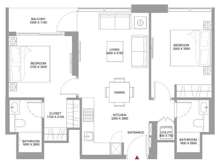 Pristine Beach Residences 2 bed floor plan, 776 sqft