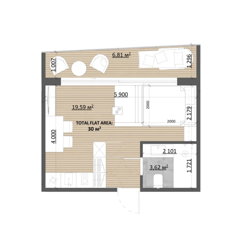 TAO Club House Studio floor plan, 322 – 333 sqft